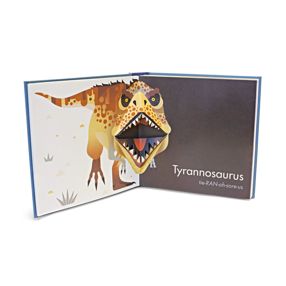 Open book showing a pop out Tyrannosaurus illustration with a white background
