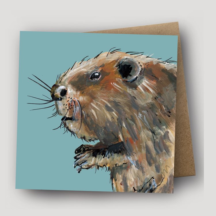 Square greetings card with a beaver portrait and kraft envelope behind it.
