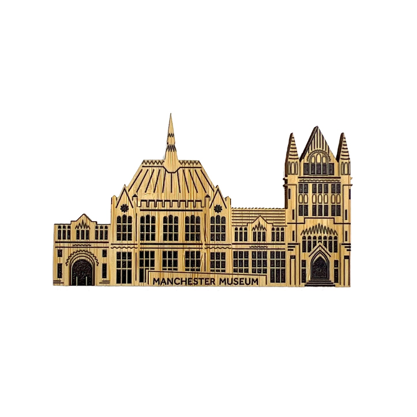 Bamboo magnet in the shape of Manchester Museum. White background.