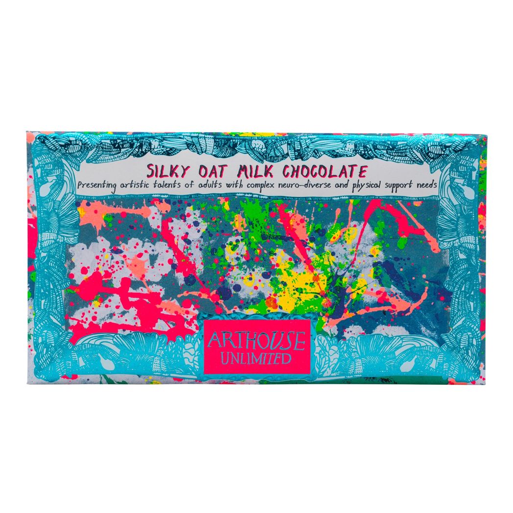 Chocolate bar inside the packaging on white background. The packaging has gold foil around the edges and a hot pink rectangle at the bottom with Arthouse Unlimited in gold text inside. The illustration is a brightly coloured, abstract splatter of paints.