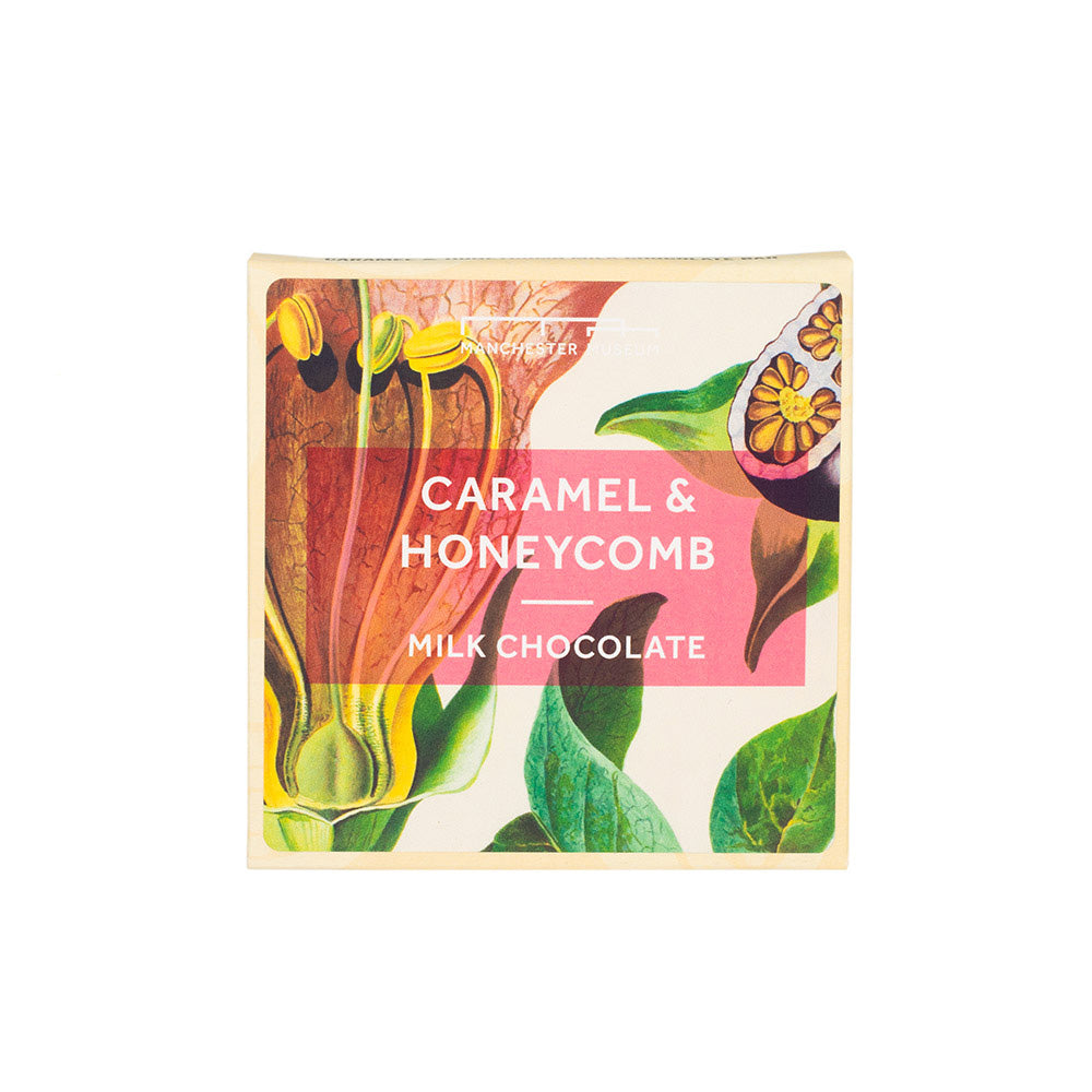 Packaging for caramel chocolate featuring a Manchester Museum botanical print on the cover.
