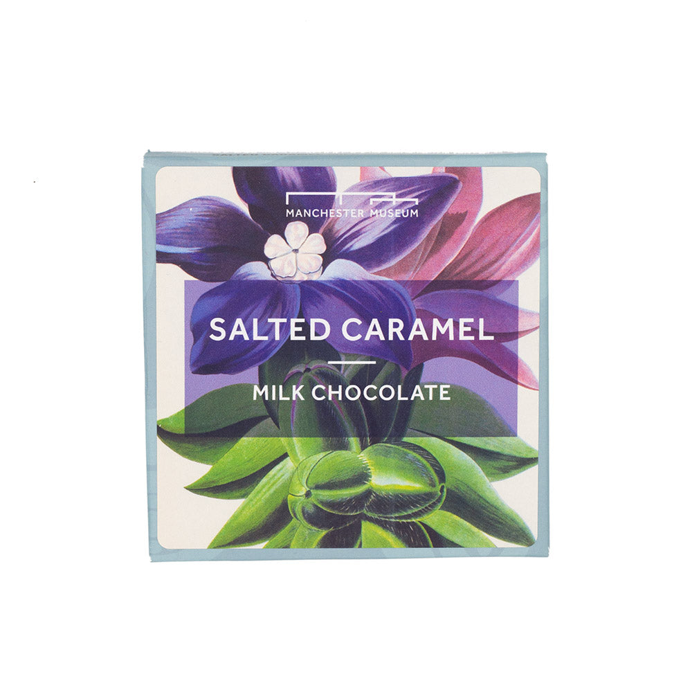 Square packaging for salted caramel chocolate featuring a Manchester Museum botanical print.