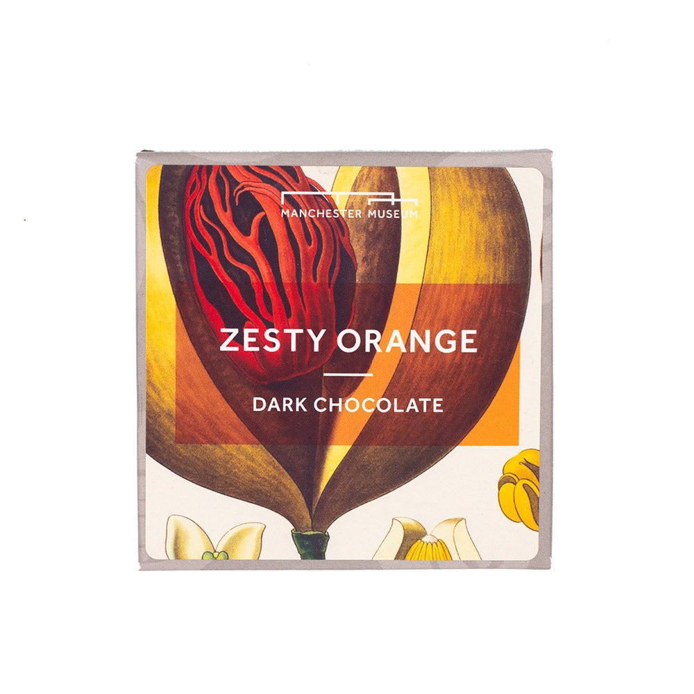 Packaging for Zesty orange chocolate with a large botanical print on the cover.