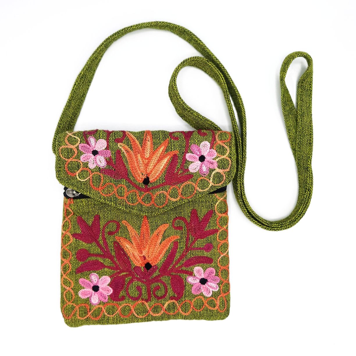 Green cotton back with strap. Red, orange and pink flowers embroidered across the front.