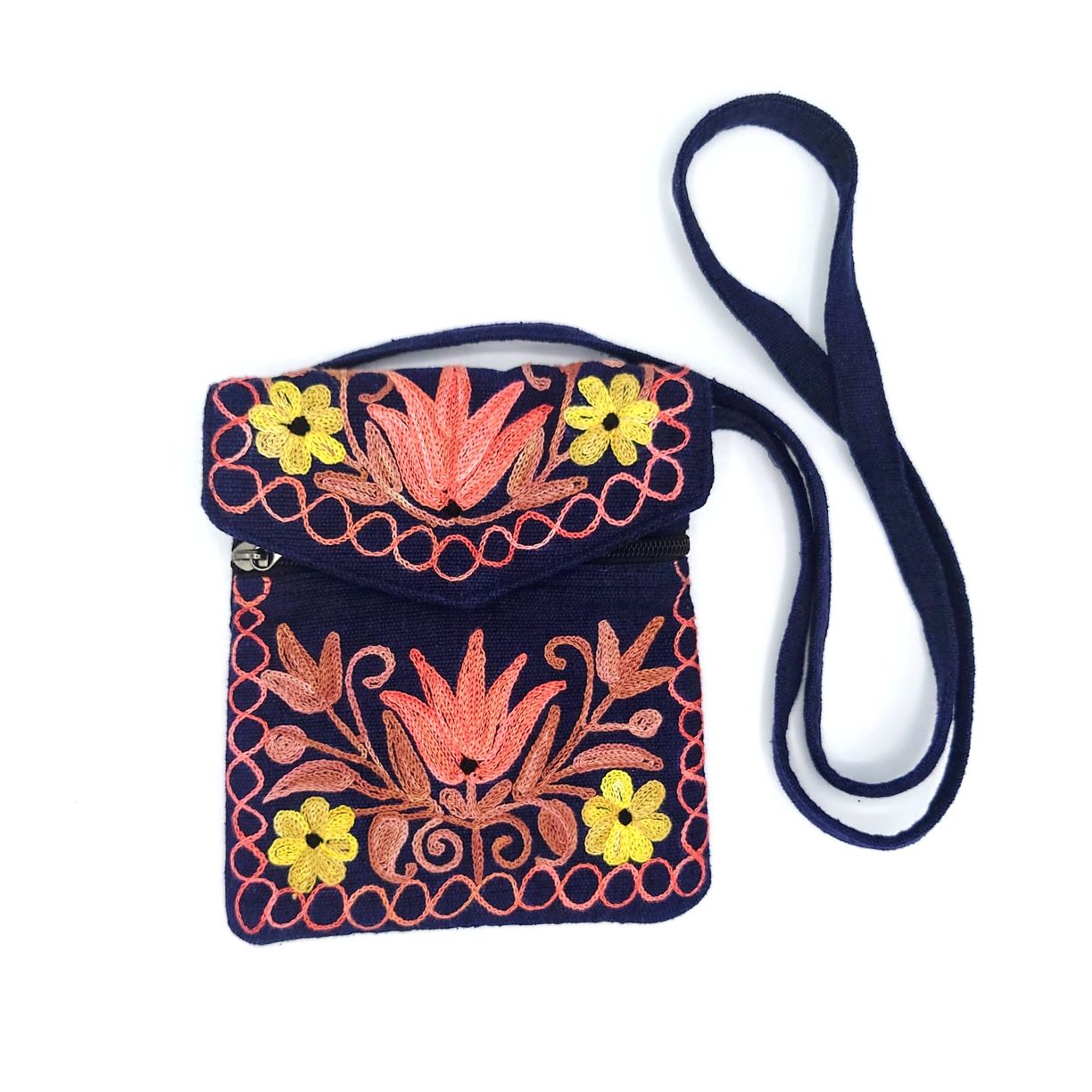 Navy cotton back with strap. Pink and yellow flowers embroidered across the front.
