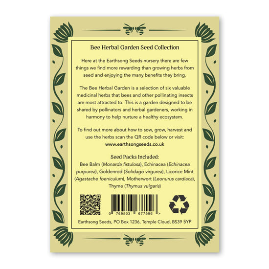 Reverse of yellow and green floral illustrated packaging cover for EarthSong seeds Bee Herbal garden. Featuring information about the product.