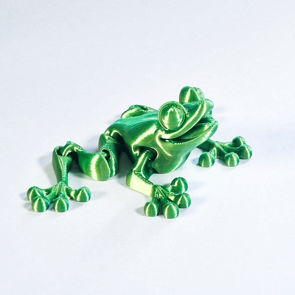 Smiling green fidget toy frog with segmented legs.