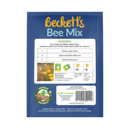 Reverse of packaging for a mix of seeds with details of how to sew the seeds.