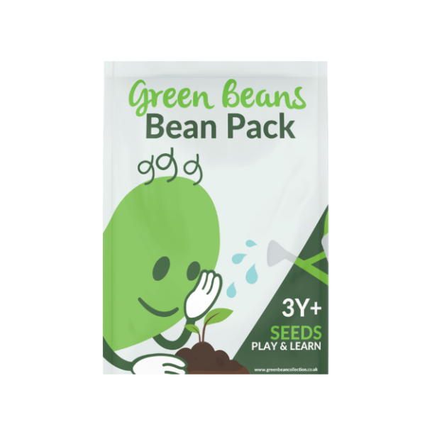 Pack of beans featuring an illustration of a green bean and Green Bean Studio's Logo