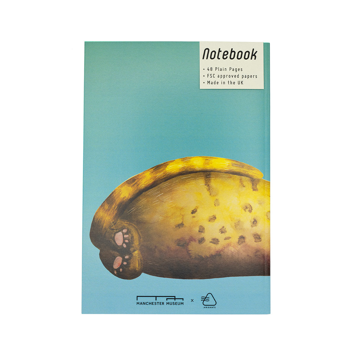 Notebook cover with a large cat illustration on a blue background, featuring Manchester Museum Logo branding.