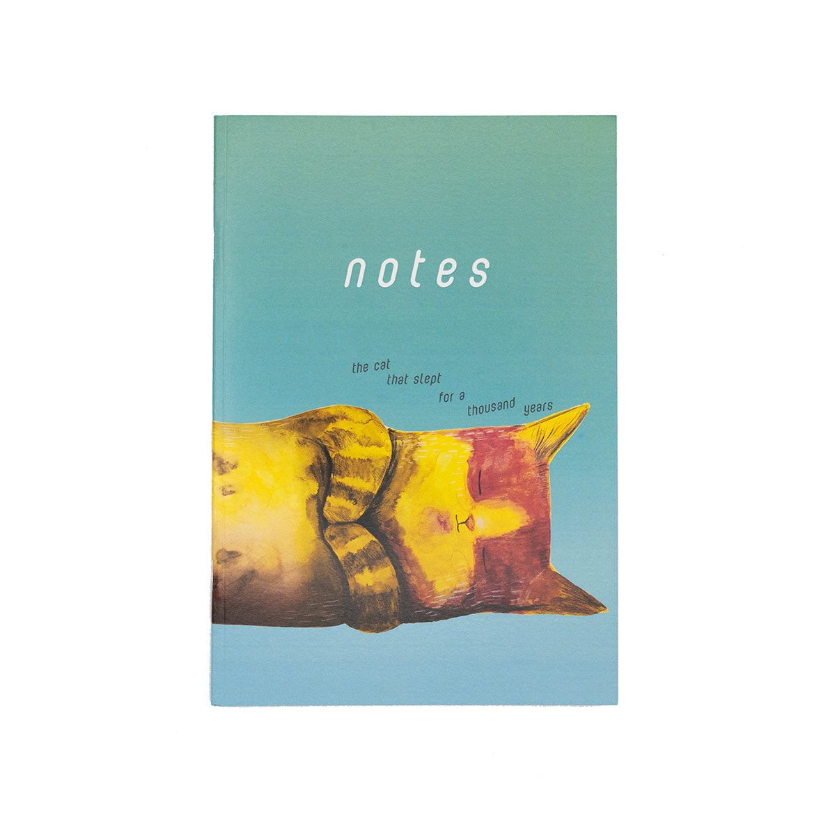 Notebook with a cat illustration and text on a blue background