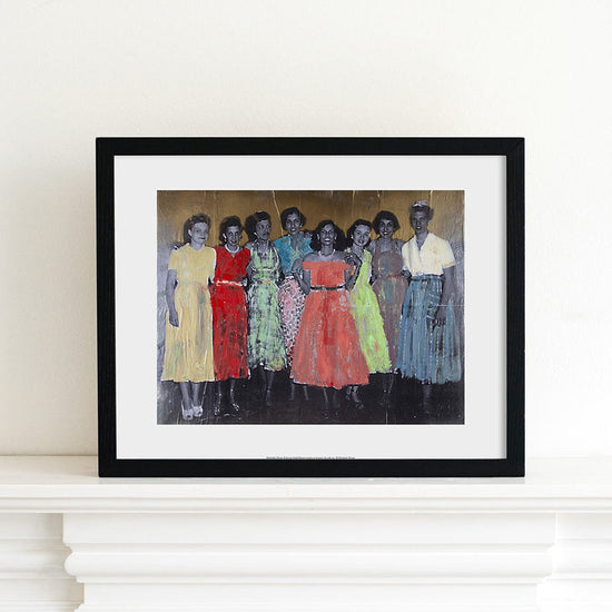 Printed reproduction of an artwork by Michelle Olivier. A reworked photograph of 5 women. The reproduction is placed in a white framed on a cream mantlepiece.