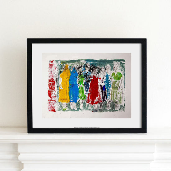 A reproduction of an artwork by Michelle Olivier. An abstract colourful painting of women stood side by side. Print is within a black frame on a cream mantlepiece.