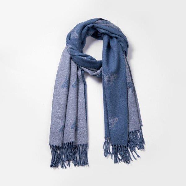 Blue and grey bee scarf against a white background