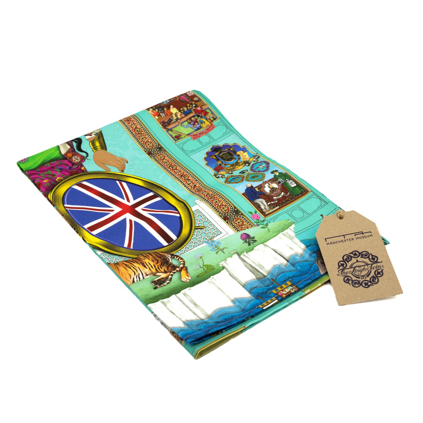 Singh Twins Brittasia Design Tea Towel - folded in half and photographed against a white background. Brown Manchester Museum label visible