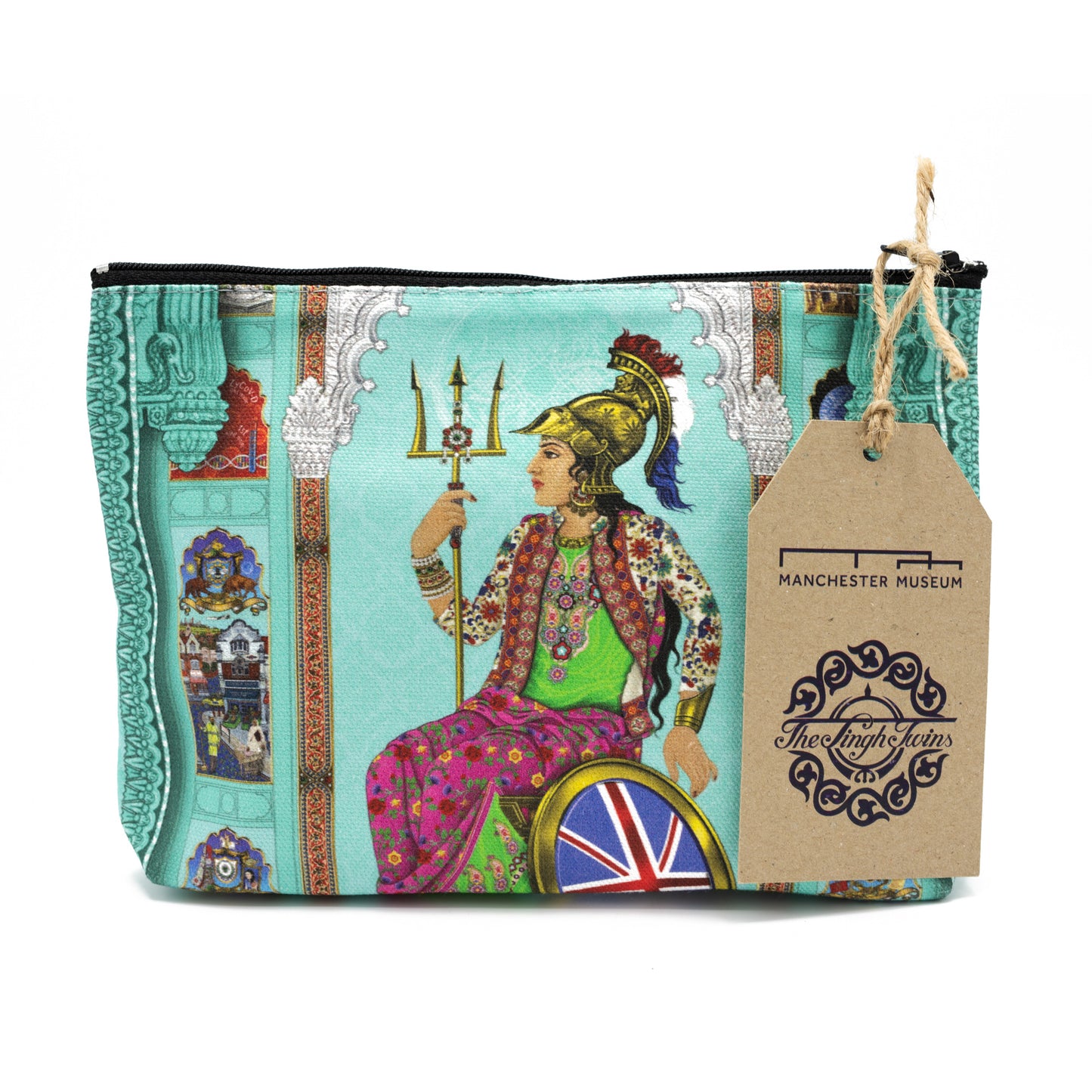 Cosmetics bag featuring Singh Twins Brittasia design tea towel, folded into 1 quarter.. Blue background and person sat in a wheelchair with the British flag for the wheel.