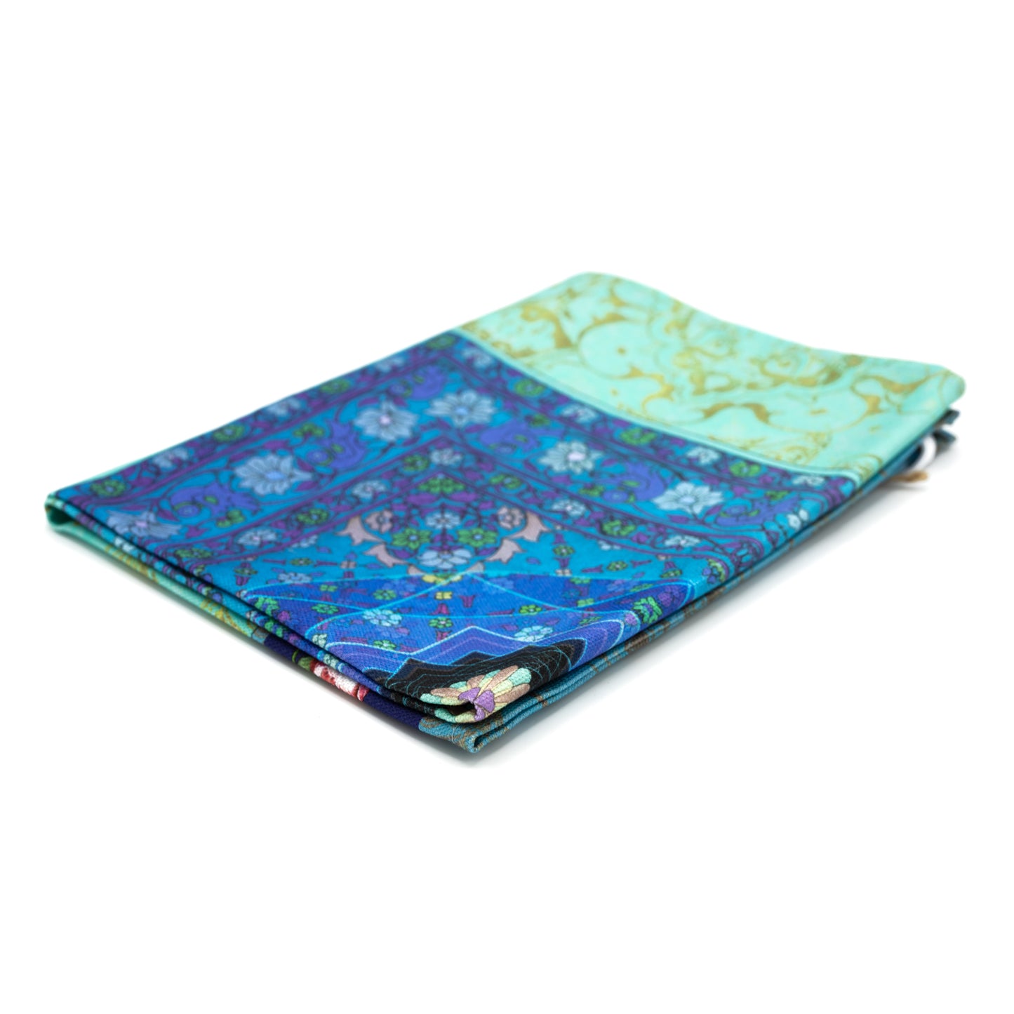 Tea Towel featuring Singh Twins Knowledge Design - blue and gold pattern. Tea towel is folded into 1 quarter and photographed against a white background.