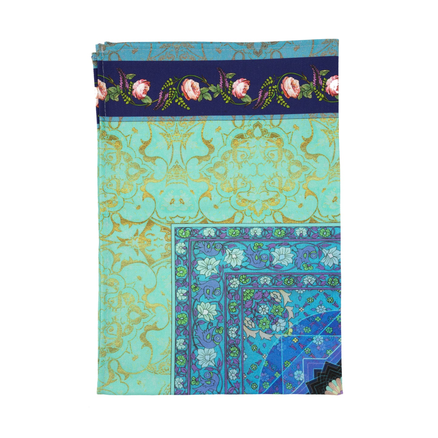 Tea Towel featuring Singh Twins Knowledge Design - blue and gold pattern. Tea towel is folded into 1 quarter and photographed against a white background.