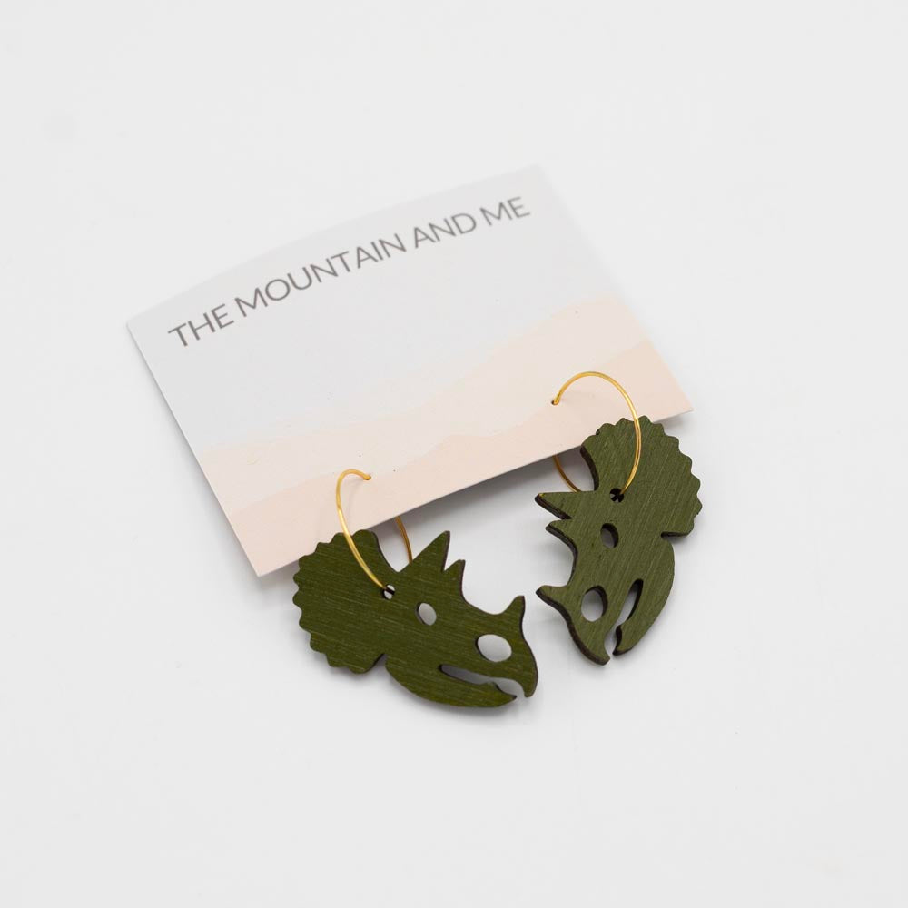 Pair of green triceratops-head-shaped earrings on a white background