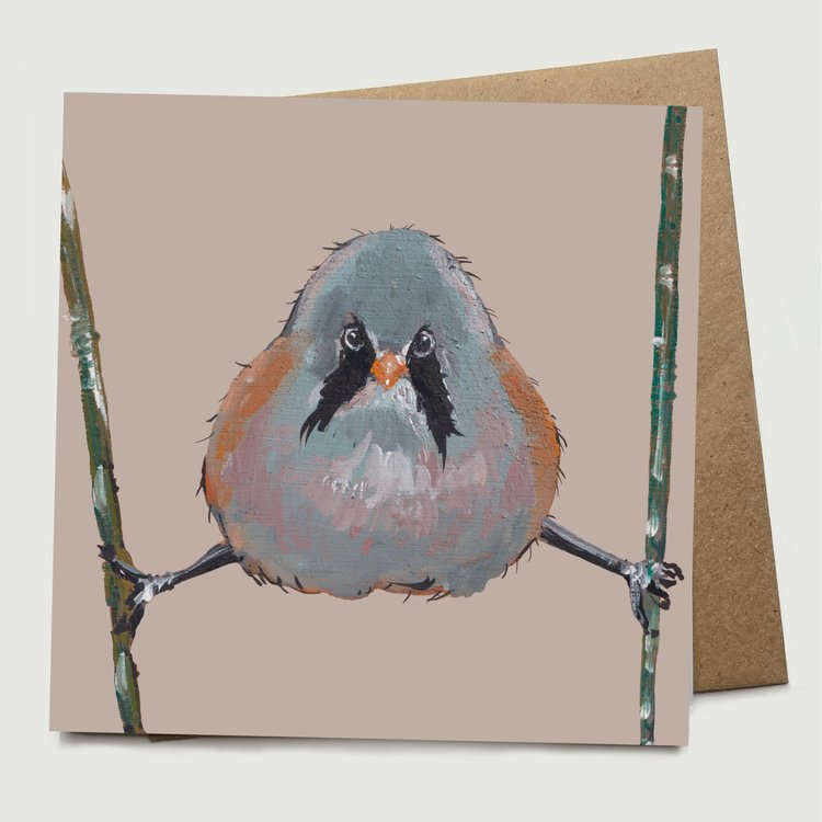 Greetings card with bearded tit illustration and kraft envelope behind.