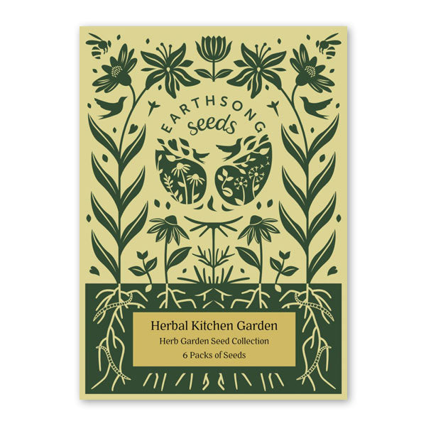 Light and dark green illustrated cover packaging for herbal seeds, featuring EarthSong seeds logo.