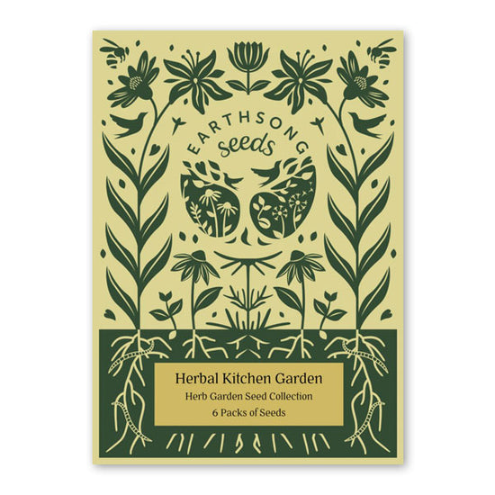 Light and dark green illustrated cover packaging for herbal seeds, featuring EarthSong seeds logo.
