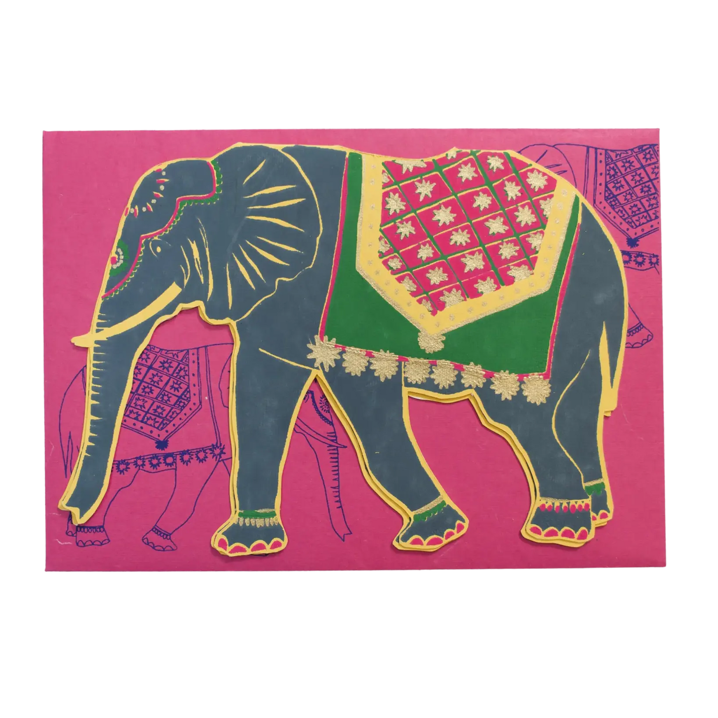 Blueish grey lephant shaped cutout on a hot pink C5 card background.