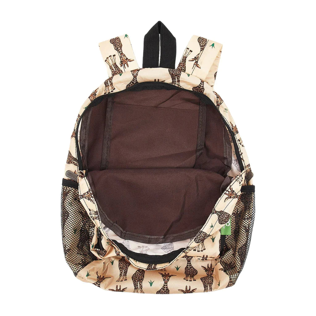 Front view of the beige girraffes backpack where it's unzipped and showing the brown inside of the bag.