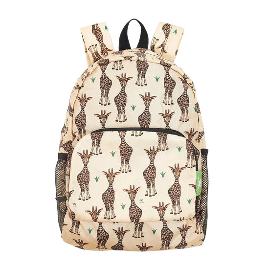 Front view of the mini packpack with the beige giraffes pattern. 