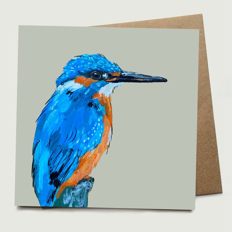 Square greetings card with kingfisher illustration and kraft envelope behind.