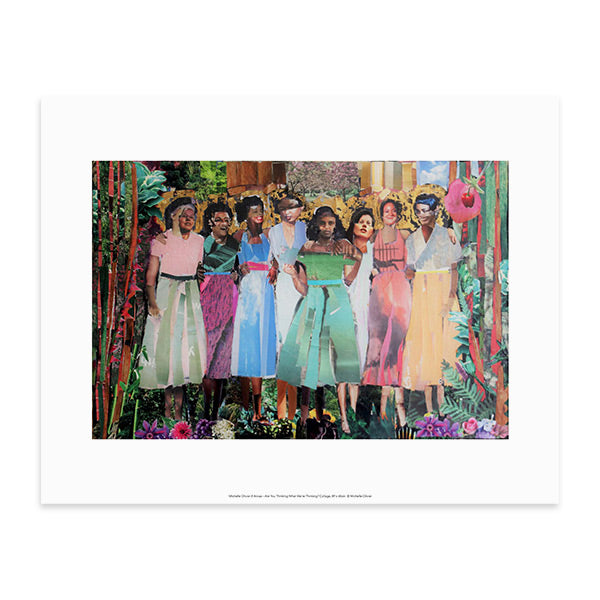 Reproduction of an artwork by Michelle Olivier. A reworked photograph of 8 women side by side, surrounded by photomontage flowers.
