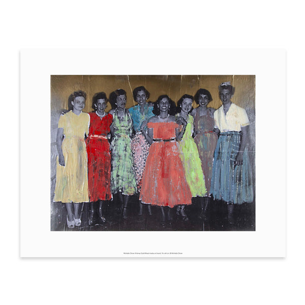 Reproduction of an artwork by Michelle Olivier. A reworked photograph of 8 women side by side, surrounded by photomontage flowers.