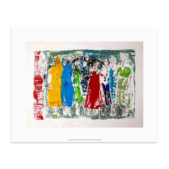 A reproduction of an artwork by Michelle Olivier. An abstract colourful painting of women stood side by side.