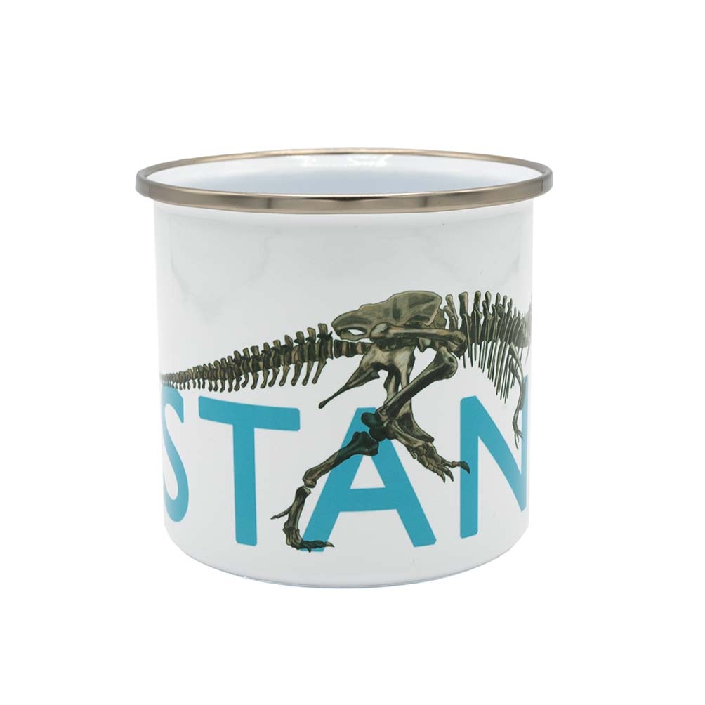 Enamel mug with dinosaur design and blue text on a white background