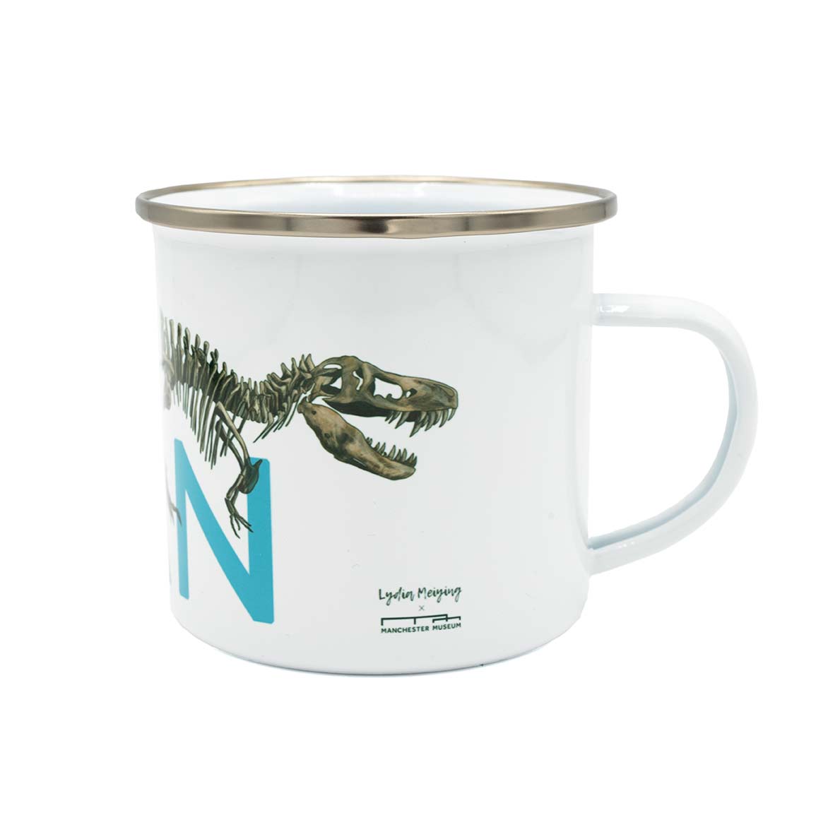 Enamel mug with dinosaur design and blue text on a white background