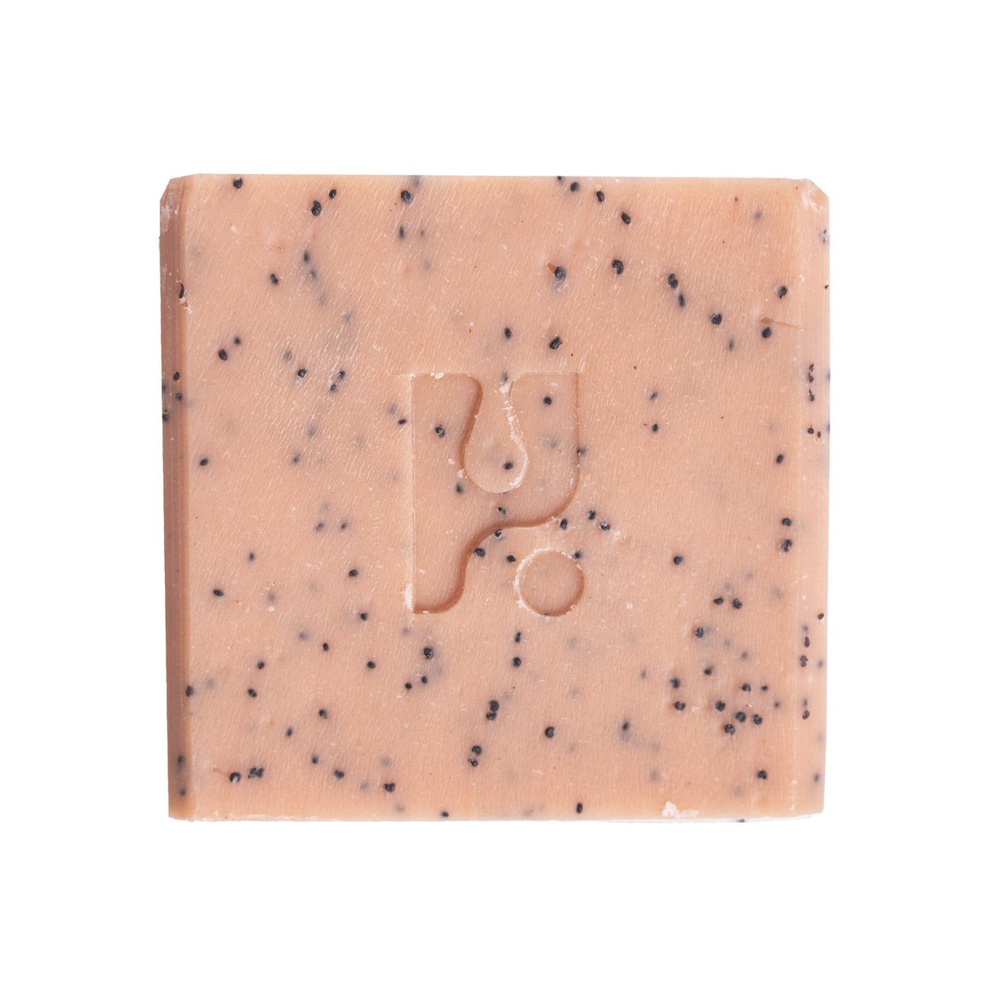 Square light pink soap bar with black poppy seed speckles and the Och logo.