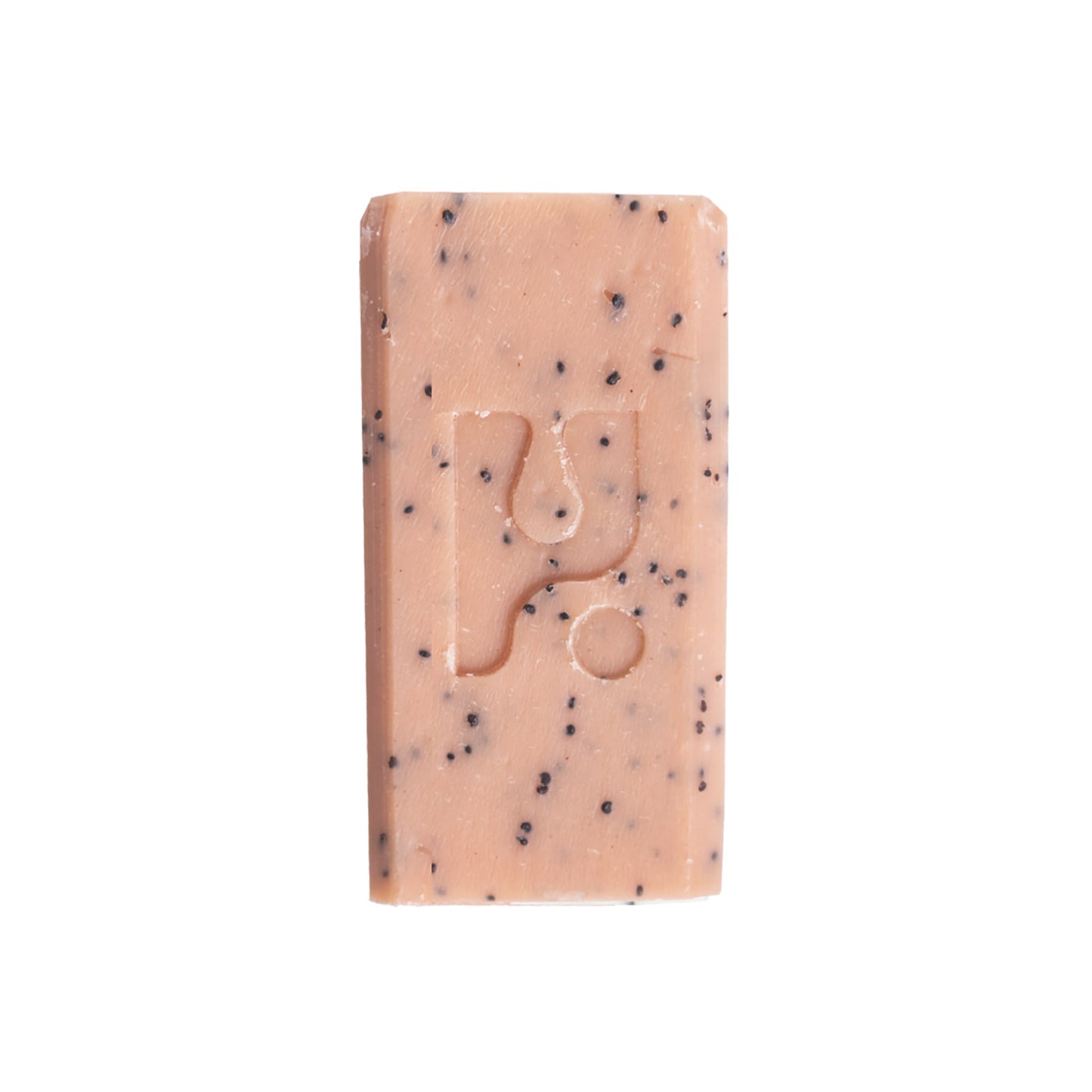 Rectangle light pink soap bar with black poppy seed speckles and the Och logo.