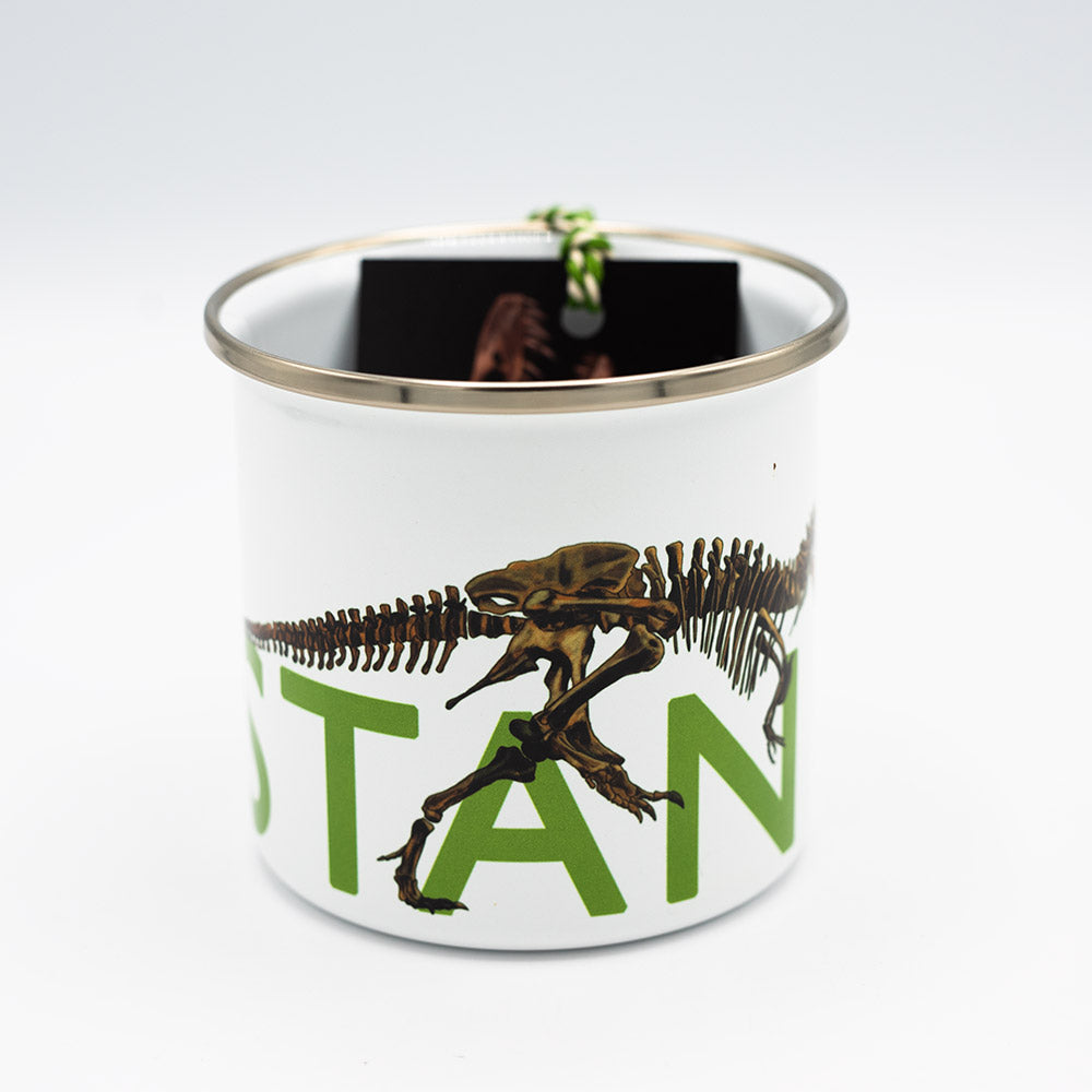 Enamel mug with dinosaur design and green text on a white background