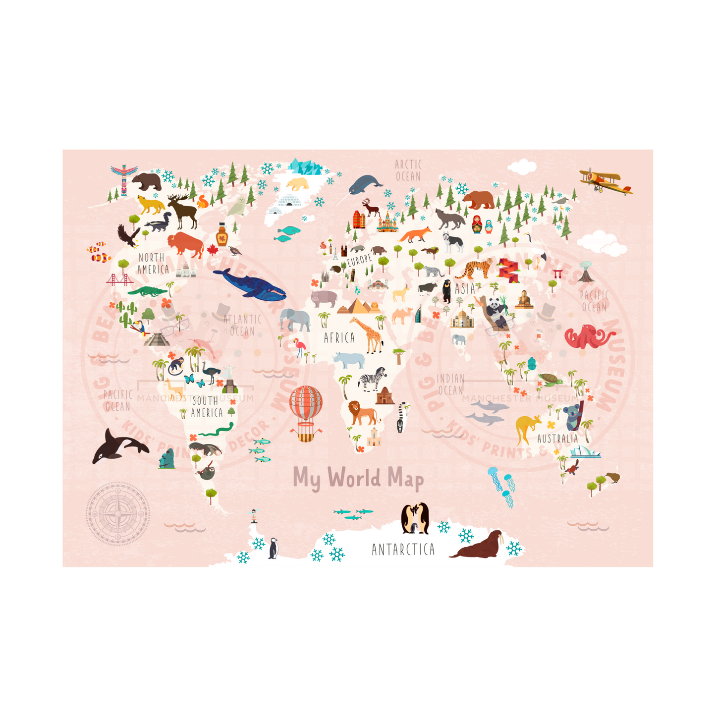 World map with pink background and animals from the regions on it.