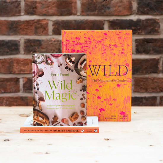 Image of two books with the word Wild on them. Photographed against a brick wall