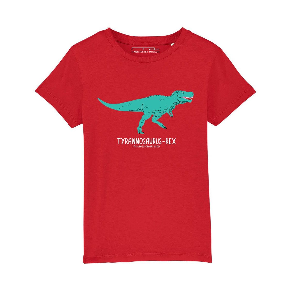 Red t shirt with a turquoise t-rex illustration on the chest.