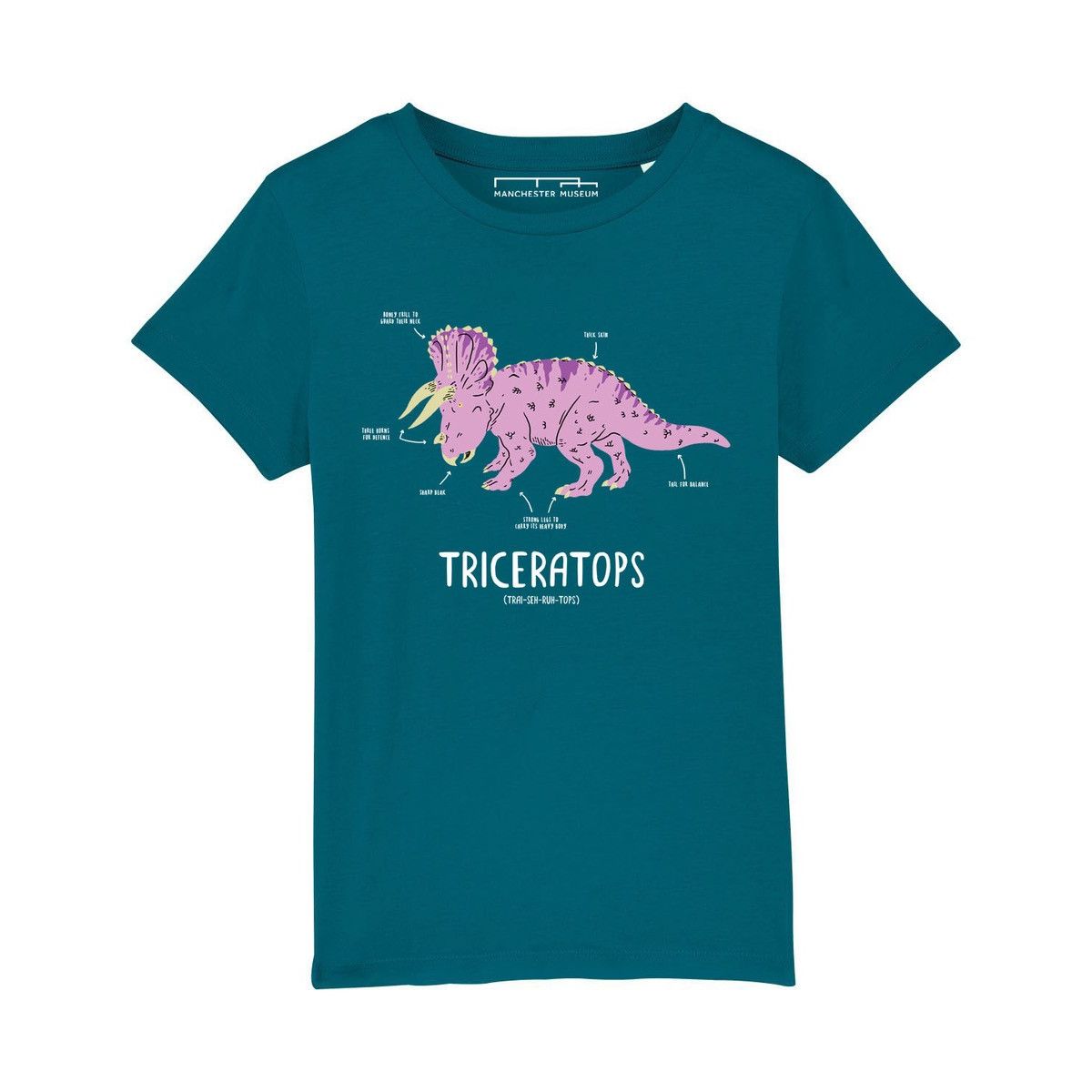 Teal t-shirt with illustrated pink triceratops print.