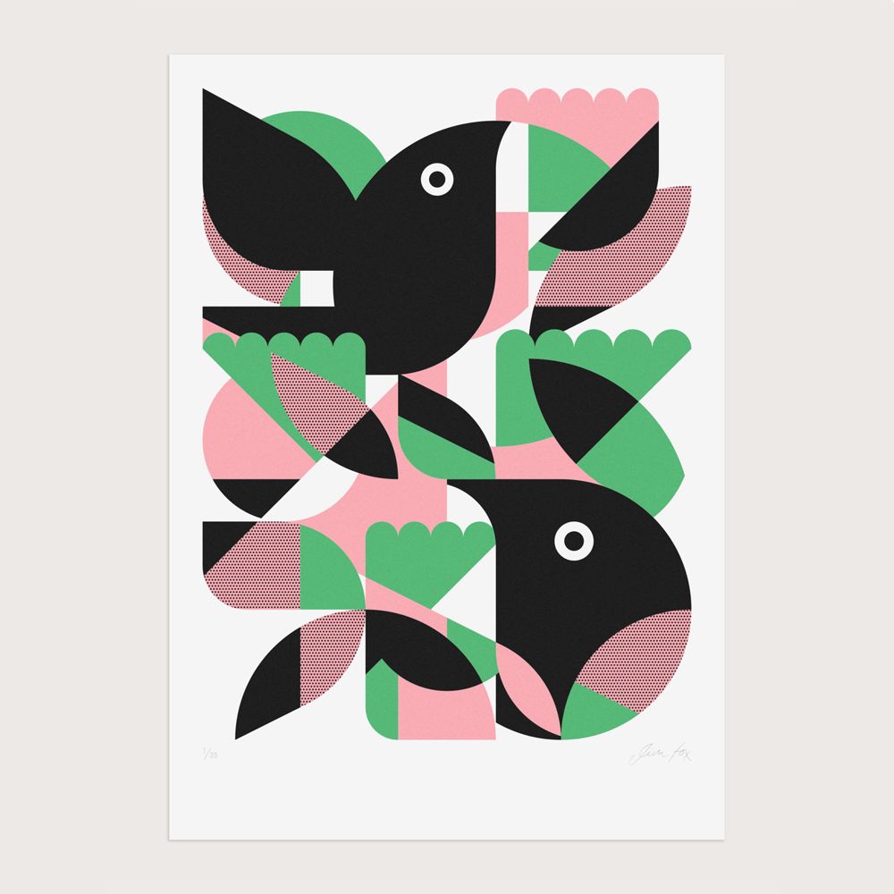 Geometric bird design with black, pink, and green shapes on a white background