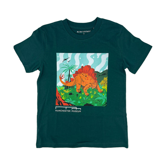 Forest green t-shirt with an illustration of a stegosaurus dinosaur. Placed against a white backdrop.