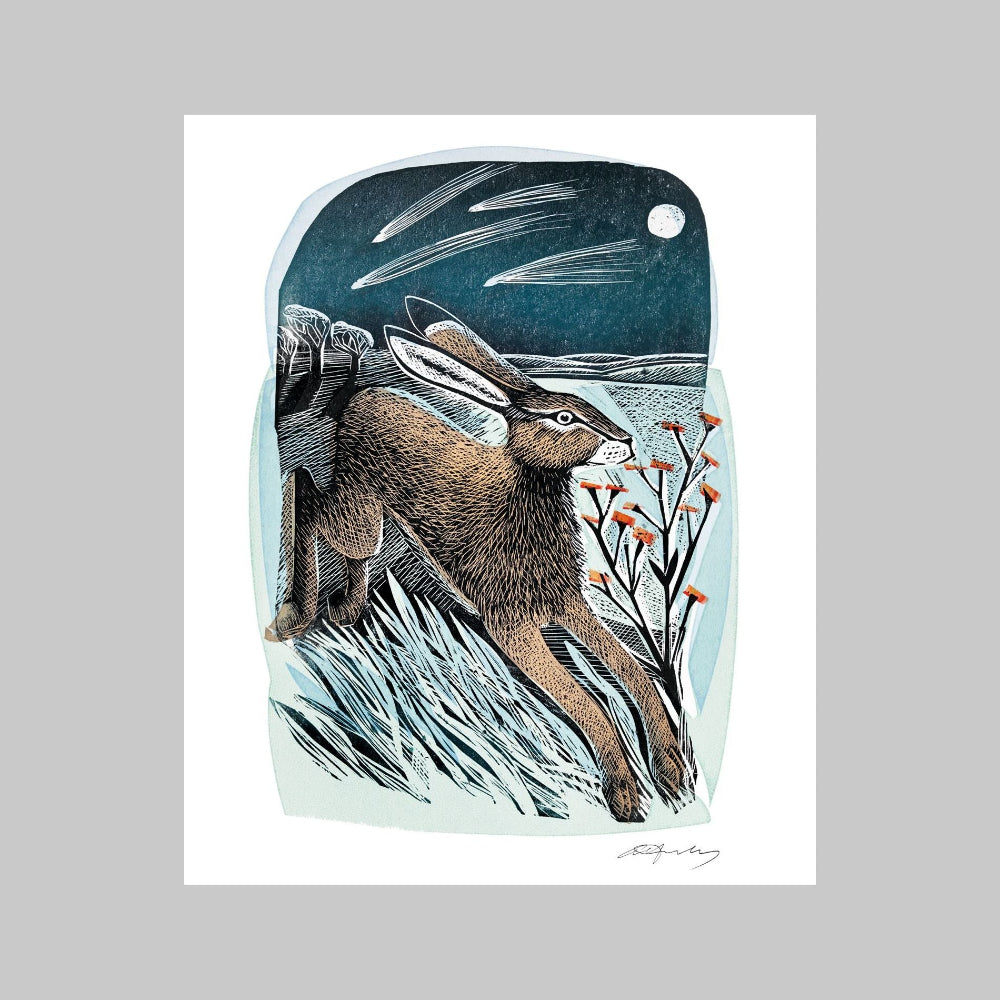 Card with illustration of a hare in a landscape with a starry sky.