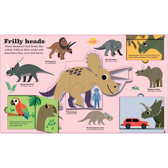 Educational children's book page about frilly-headed Triceratops with illustrations and text on a pink background.