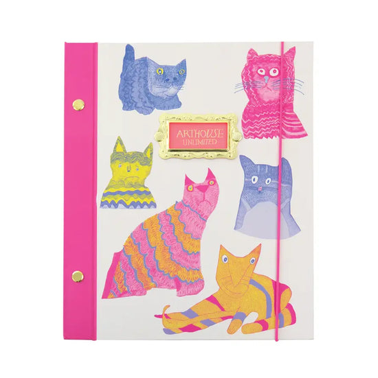 Notebook with colourful cat illustrations on a white background