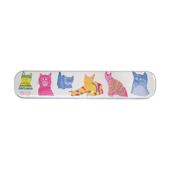 Nail file with colourful cat designs on a white background