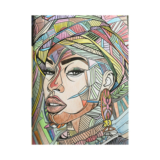 A vibrant and geometrically patterned illustration of a woman wearing a headwrap and large earrings.
