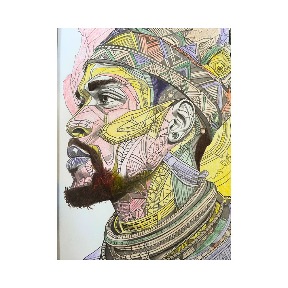 The book cover features a detailed, colourful illustration of a man's face in profile, adorned with geometric patterns.